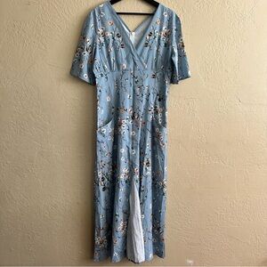 Light Blue Floral V-Neck Maxi Dress